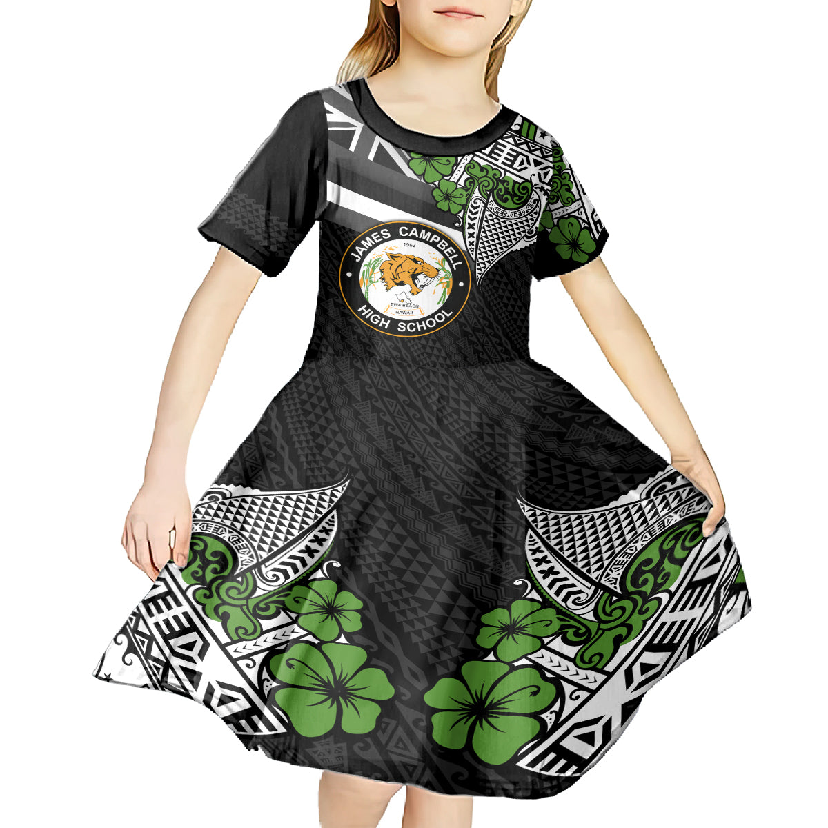 Hawaii James Campbell High School Kid Short Sleeve Dress Kakau Pattern Black Version LT03 - Polynesian Pride