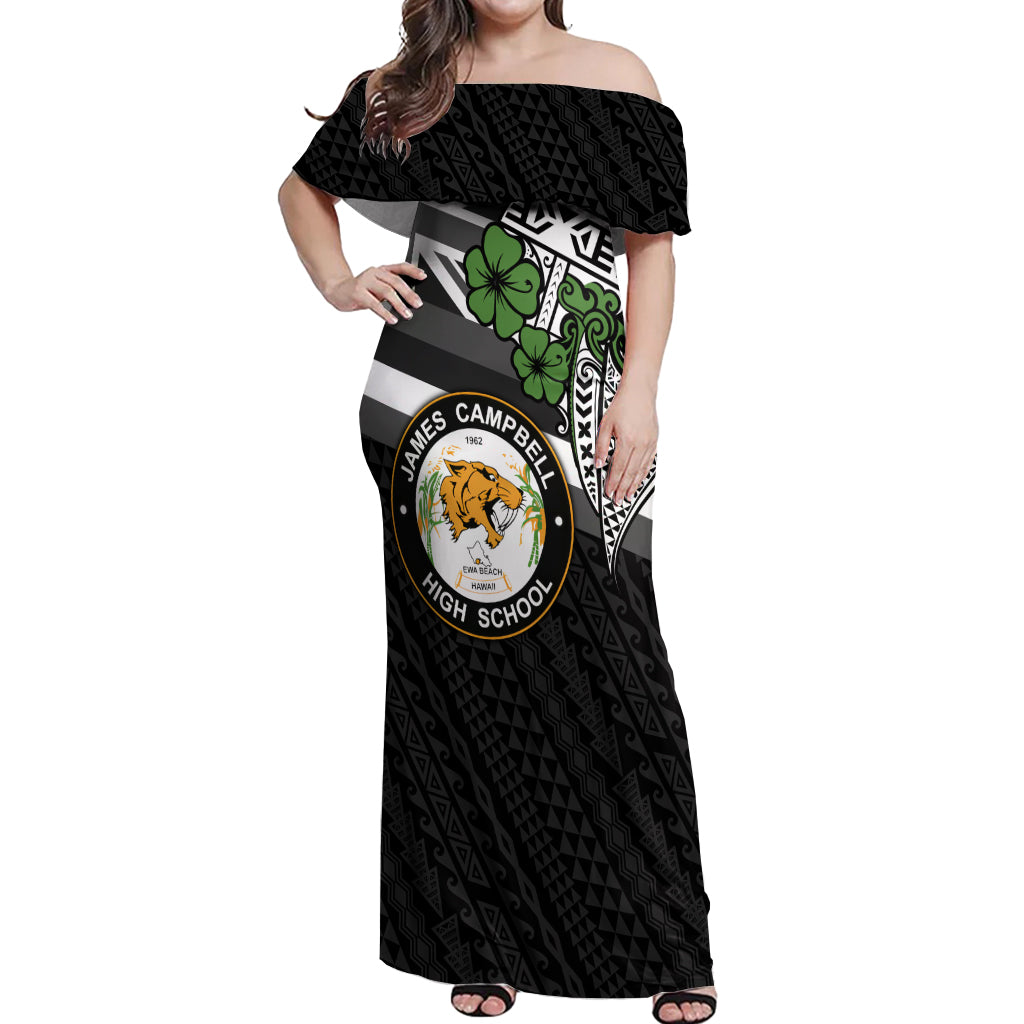 Hawaii James Campbell High School Off Shoulder Maxi Dress Kakau Pattern Black Version LT03 Women Black - Polynesian Pride