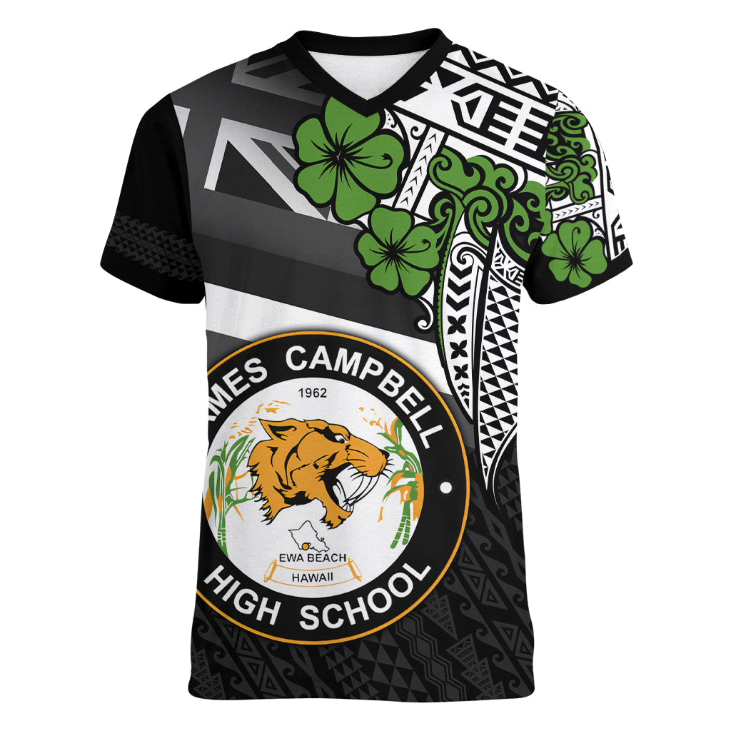 Hawaii James Campbell High School Women V Neck T Shirt Kakau Pattern Black Version LT03 Female Black - Polynesian Pride