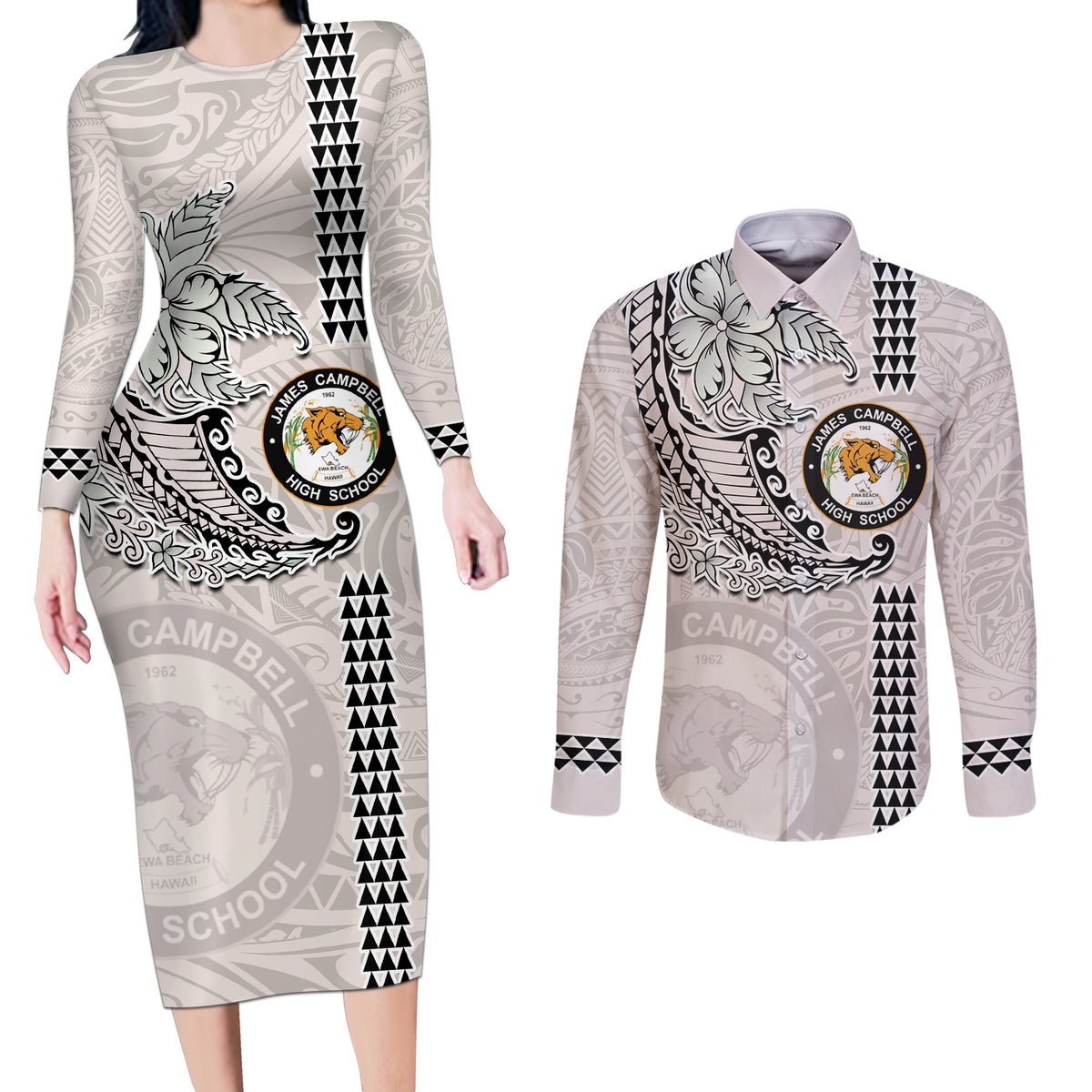 Custom Hawaii James Campbell High School Couples Matching Long Sleeve Bodycon Dress and Long Sleeve Button Shirt Tribal Kakau Pattern LT03 White - Polynesian Pride