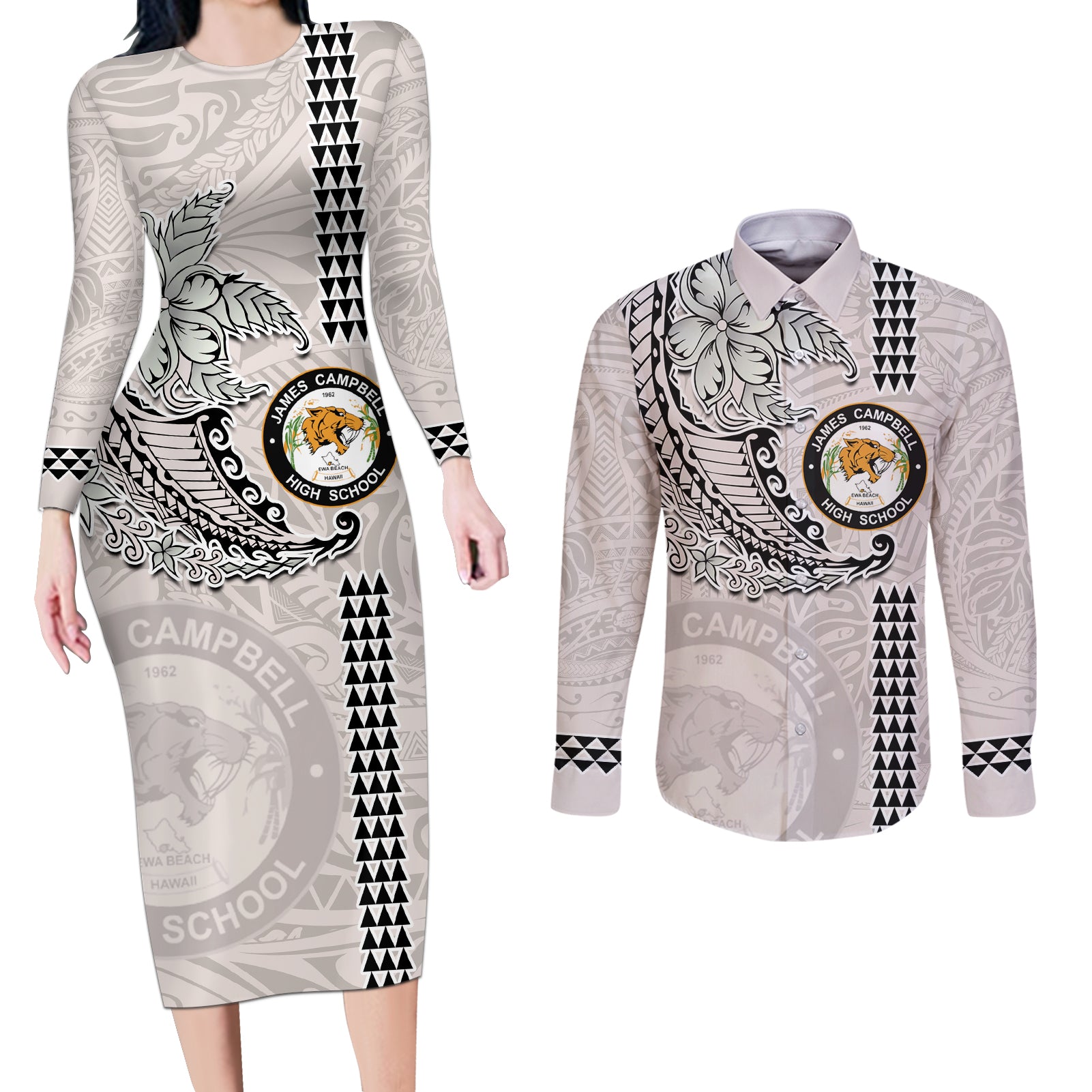 Custom Hawaii James Campbell High School Couples Matching Long Sleeve Bodycon Dress and Long Sleeve Button Shirt Tribal Kakau Pattern LT03 White - Polynesian Pride