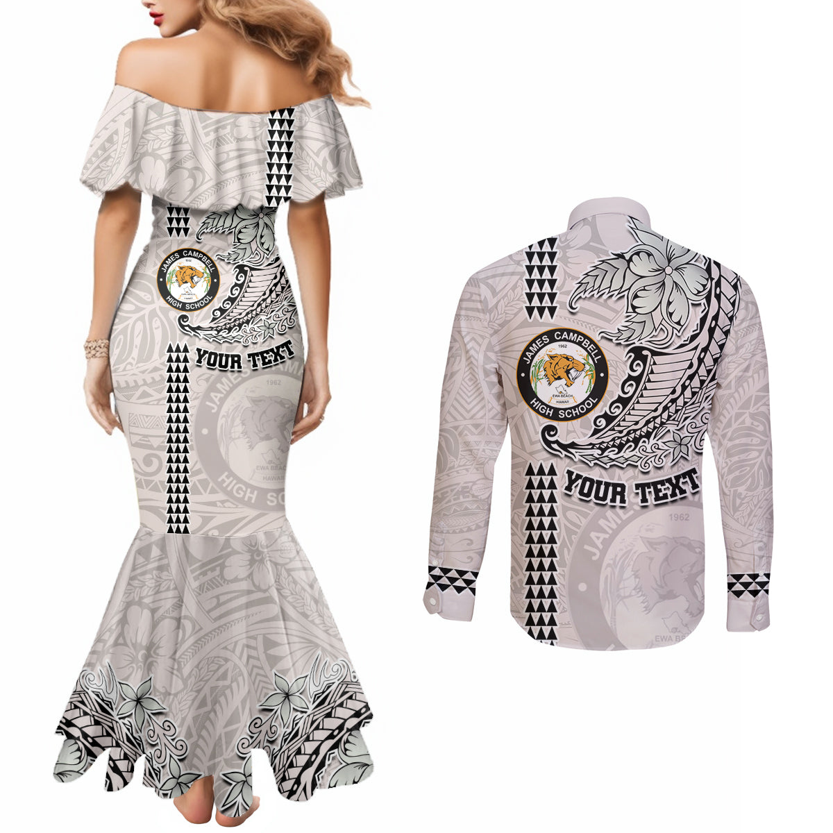 Custom Hawaii James Campbell High School Couples Matching Mermaid Dress and Long Sleeve Button Shirt Tribal Kakau Pattern LT03 - Polynesian Pride