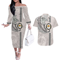 Custom Hawaii James Campbell High School Couples Matching Off The Shoulder Long Sleeve Dress and Hawaiian Shirt Tribal Kakau Pattern LT03 White - Polynesian Pride