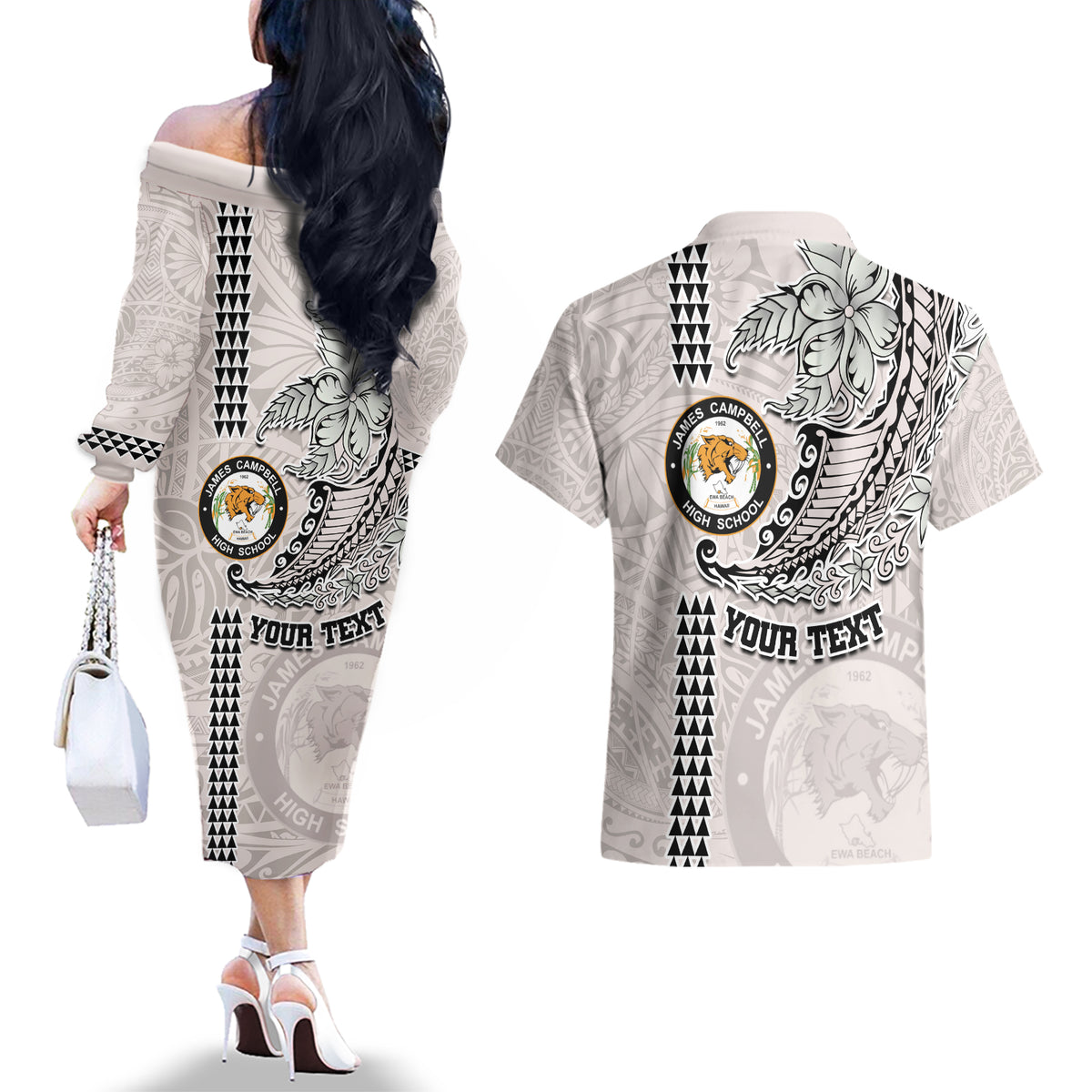 Custom Hawaii James Campbell High School Couples Matching Off The Shoulder Long Sleeve Dress and Hawaiian Shirt Tribal Kakau Pattern LT03 - Polynesian Pride