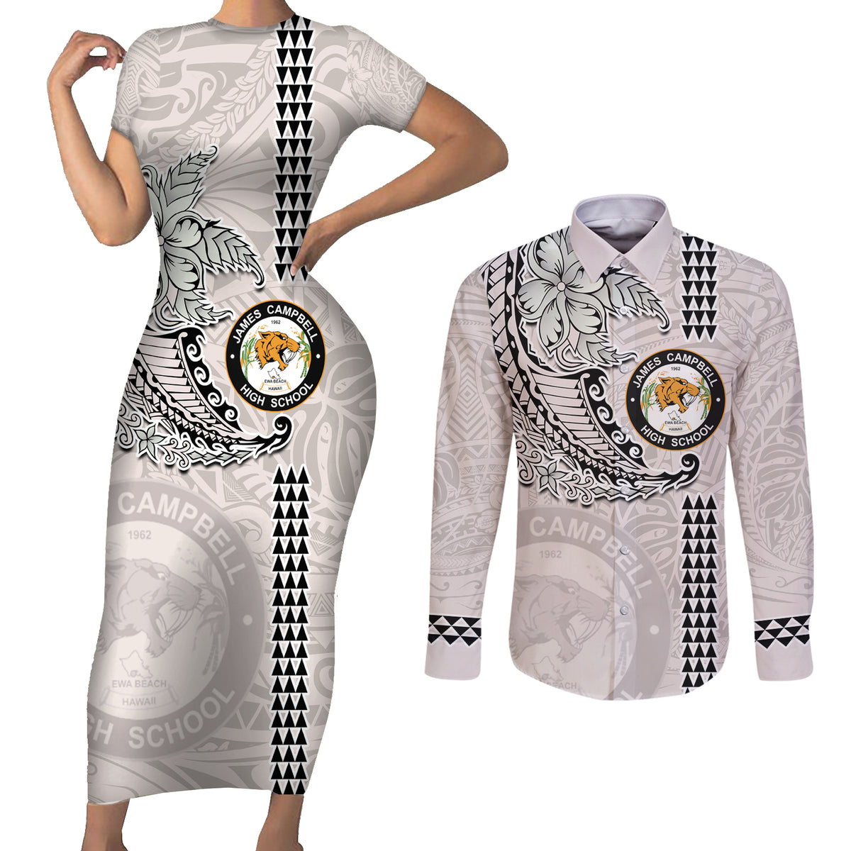 Custom Hawaii James Campbell High School Couples Matching Short Sleeve Bodycon Dress and Long Sleeve Button Shirt Tribal Kakau Pattern LT03 White - Polynesian Pride