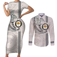 Custom Hawaii James Campbell High School Couples Matching Short Sleeve Bodycon Dress and Long Sleeve Button Shirt Tribal Kakau Pattern LT03 White - Polynesian Pride