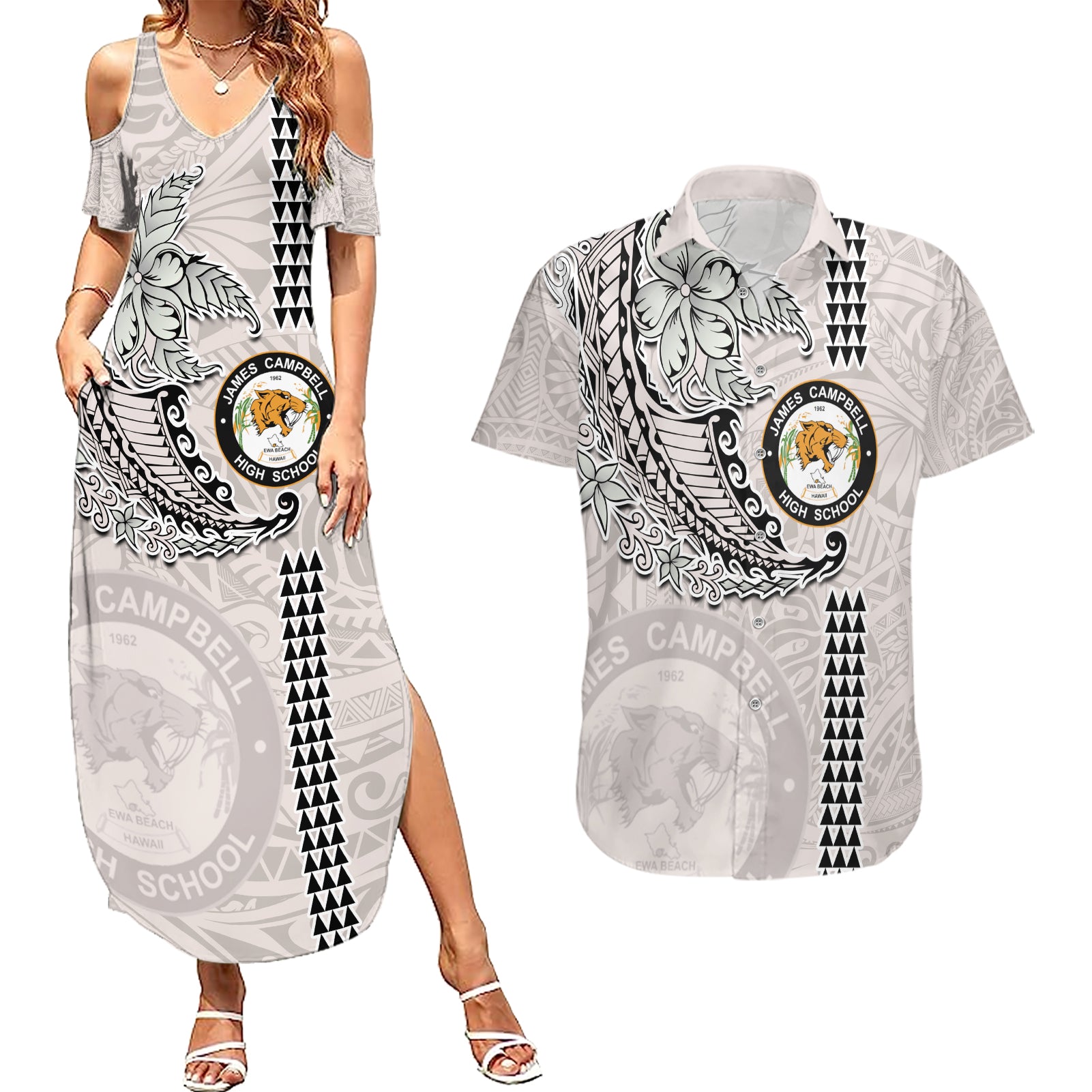 Custom Hawaii James Campbell High School Couples Matching Summer Maxi Dress and Hawaiian Shirt Tribal Kakau Pattern LT03 White - Polynesian Pride