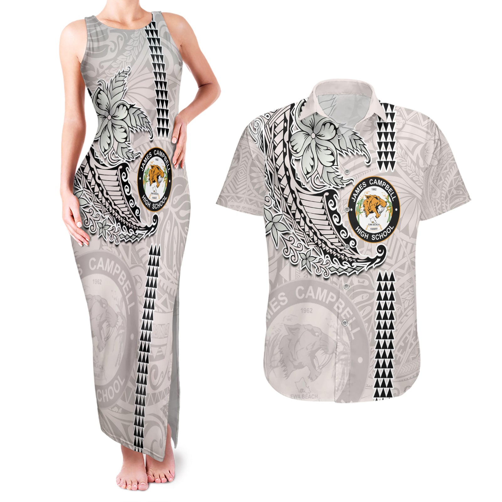 Custom Hawaii James Campbell High School Couples Matching Tank Maxi Dress and Hawaiian Shirt Tribal Kakau Pattern LT03 White - Polynesian Pride