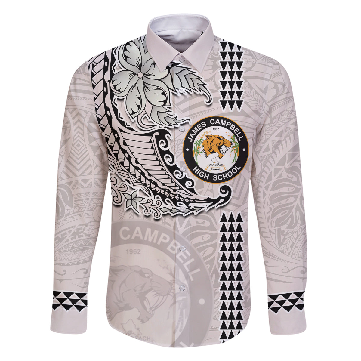 Custom Hawaii James Campbell High School Family Matching Long Sleeve Bodycon Dress and Hawaiian Shirt Tribal Kakau Pattern LT03 Dad's Shirt - Long Sleeve White - Polynesian Pride