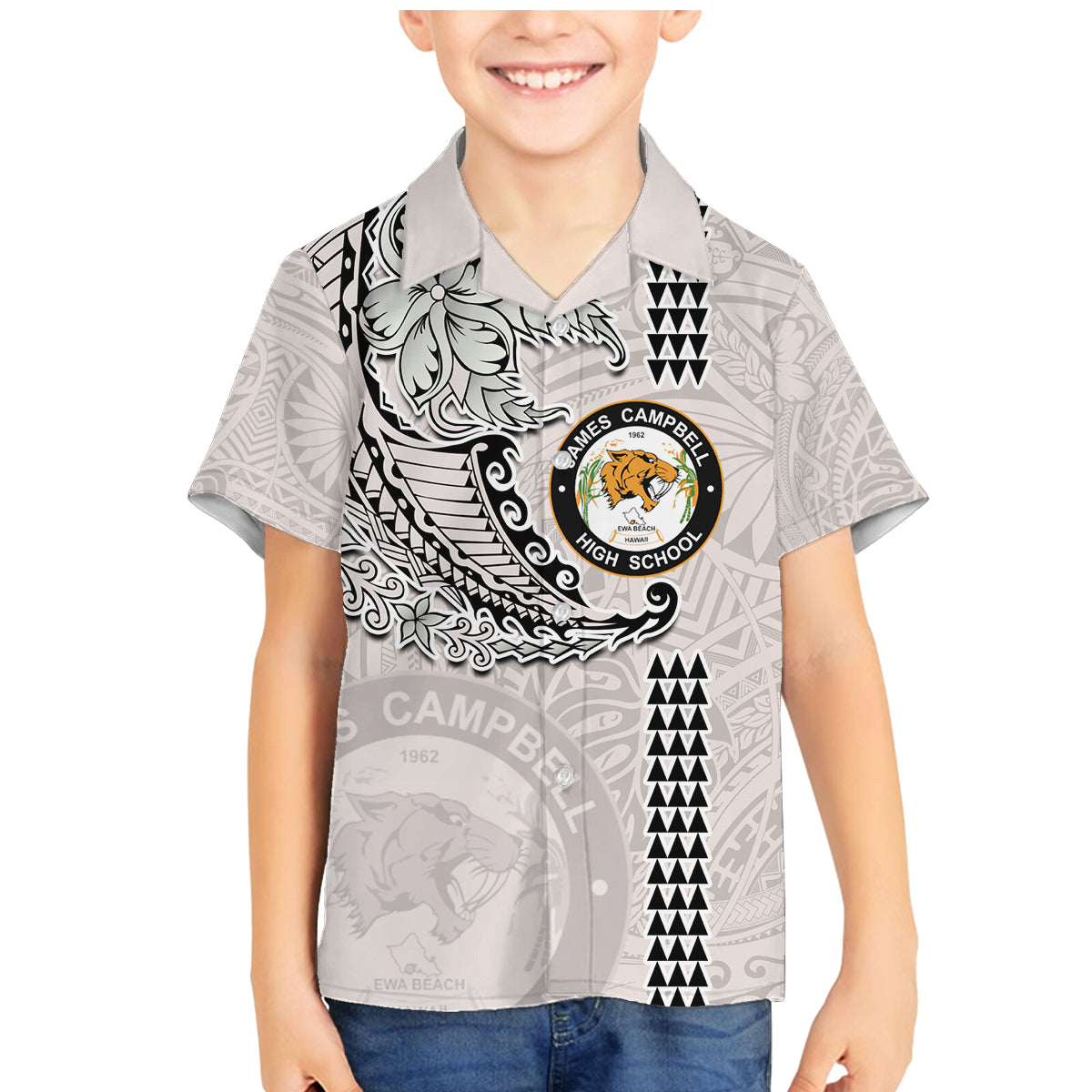 Custom Hawaii James Campbell High School Family Matching Mermaid Dress and Hawaiian Shirt Tribal Kakau Pattern LT03 Son's Shirt White - Polynesian Pride