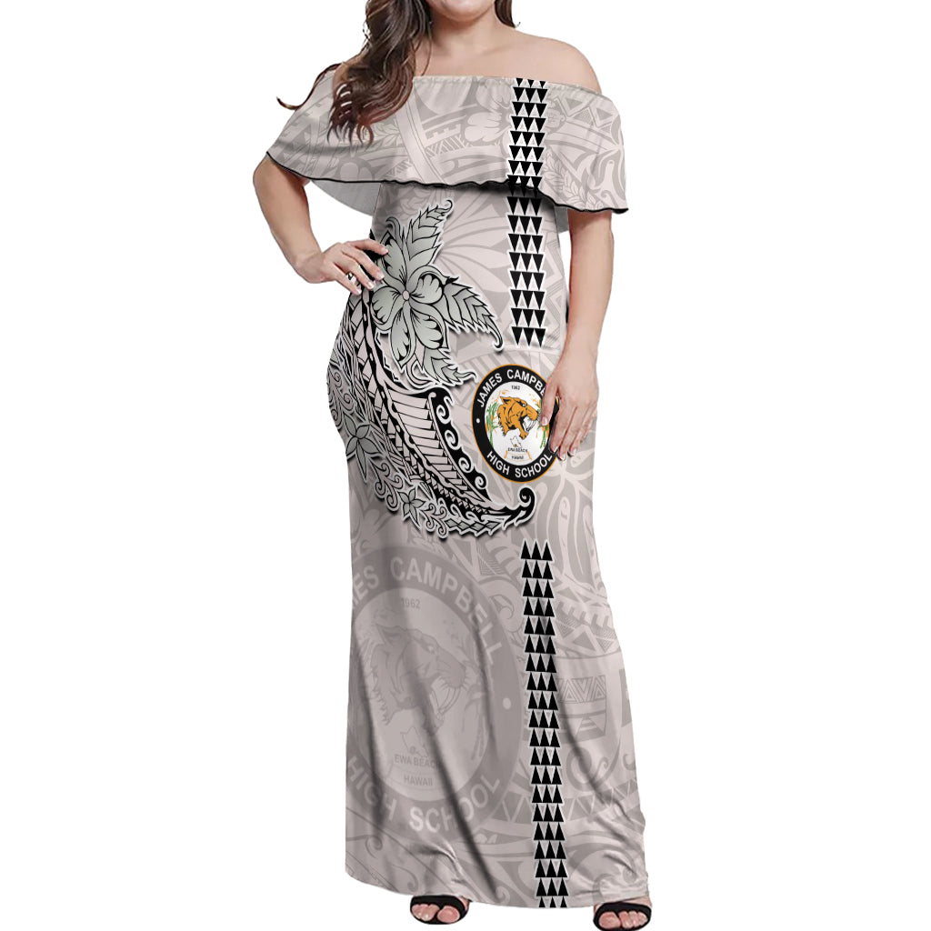 Custom Hawaii James Campbell High School Off Shoulder Maxi Dress Tribal Kakau Pattern LT03 Women White - Polynesian Pride