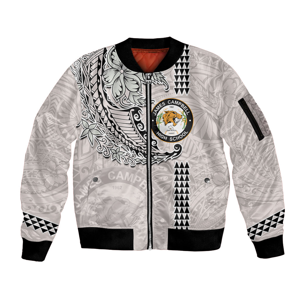Custom Hawaii James Campbell High School Sleeve Zip Bomber Jacket Tribal Kakau Pattern LT03 Unisex White - Polynesian Pride