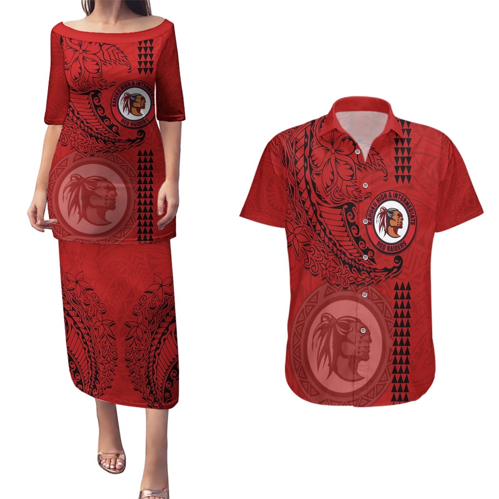 Hawaii Kahuku High & Intermediate School Couples Matching Puletasi Dress and Hawaiian Shirt Tribal Kakau Pattern LT03 Red - Polynesian Pride