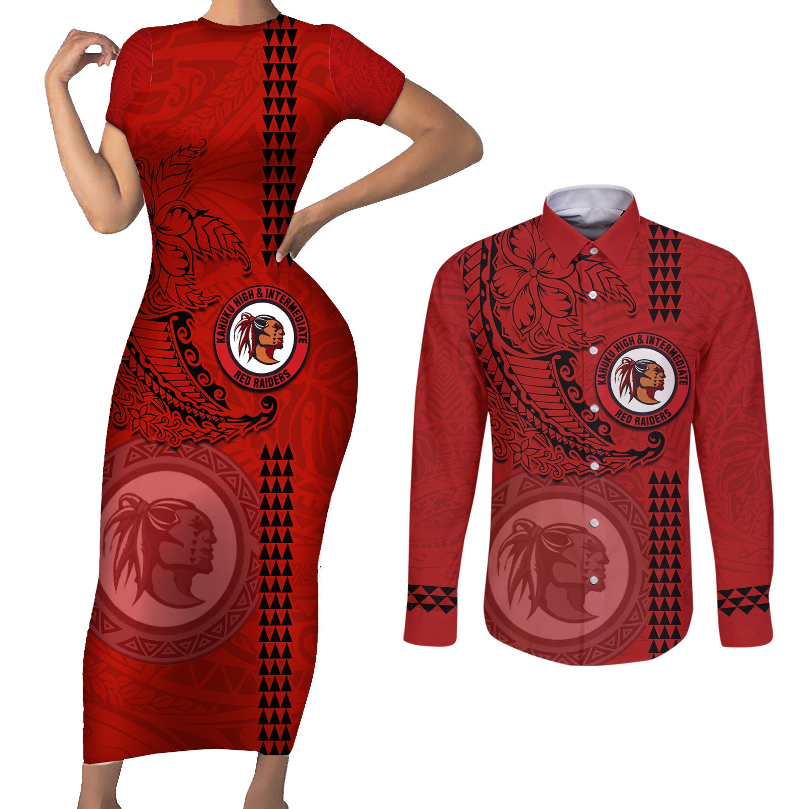Hawaii Kahuku High & Intermediate School Couples Matching Short Sleeve Bodycon Dress and Long Sleeve Button Shirt Tribal Kakau Pattern LT03 Red - Polynesian Pride