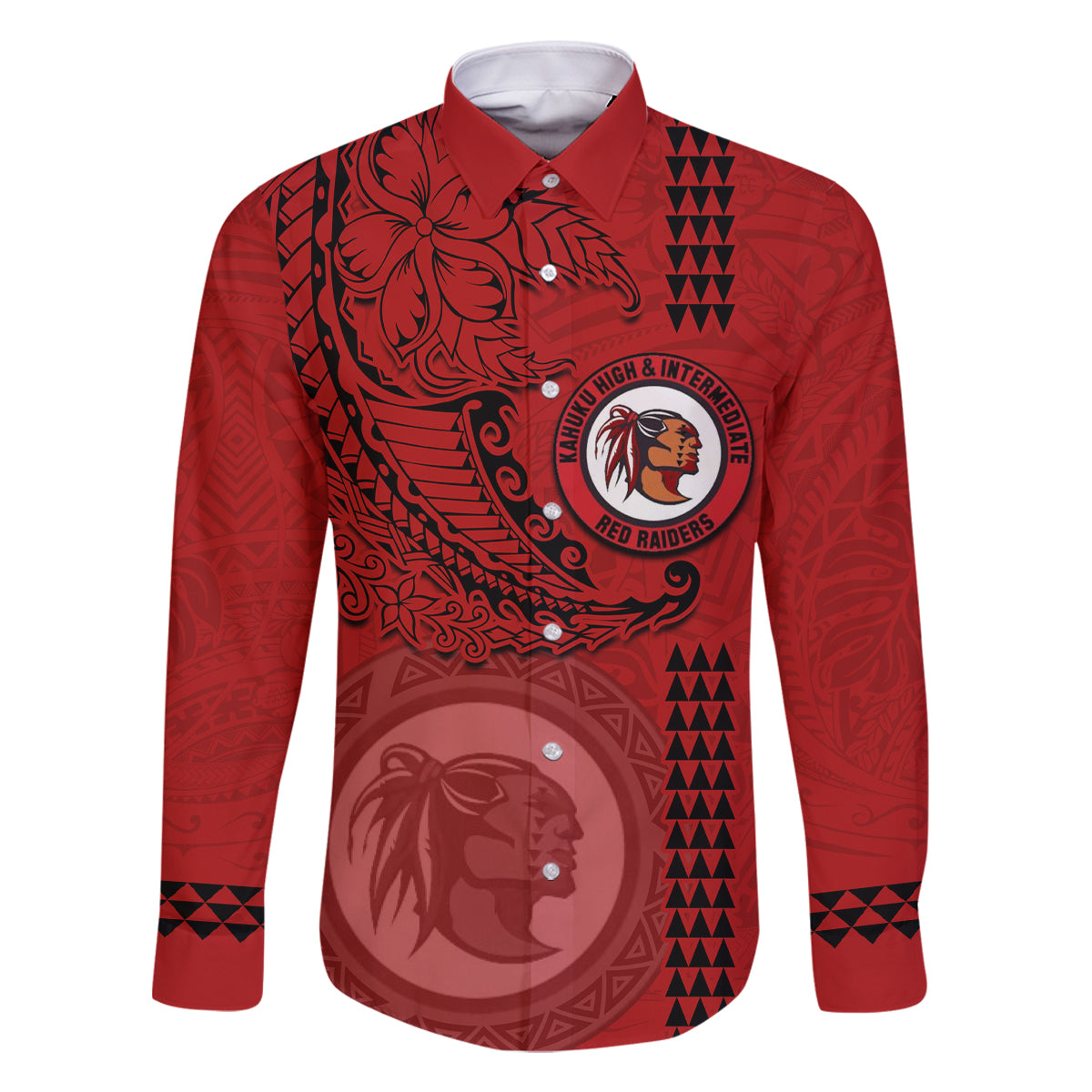 Hawaii Kahuku High & Intermediate School Family Matching Mermaid Dress and Hawaiian Shirt Tribal Kakau Pattern LT03 Dad's Shirt - Long Sleeve Red - Polynesian Pride