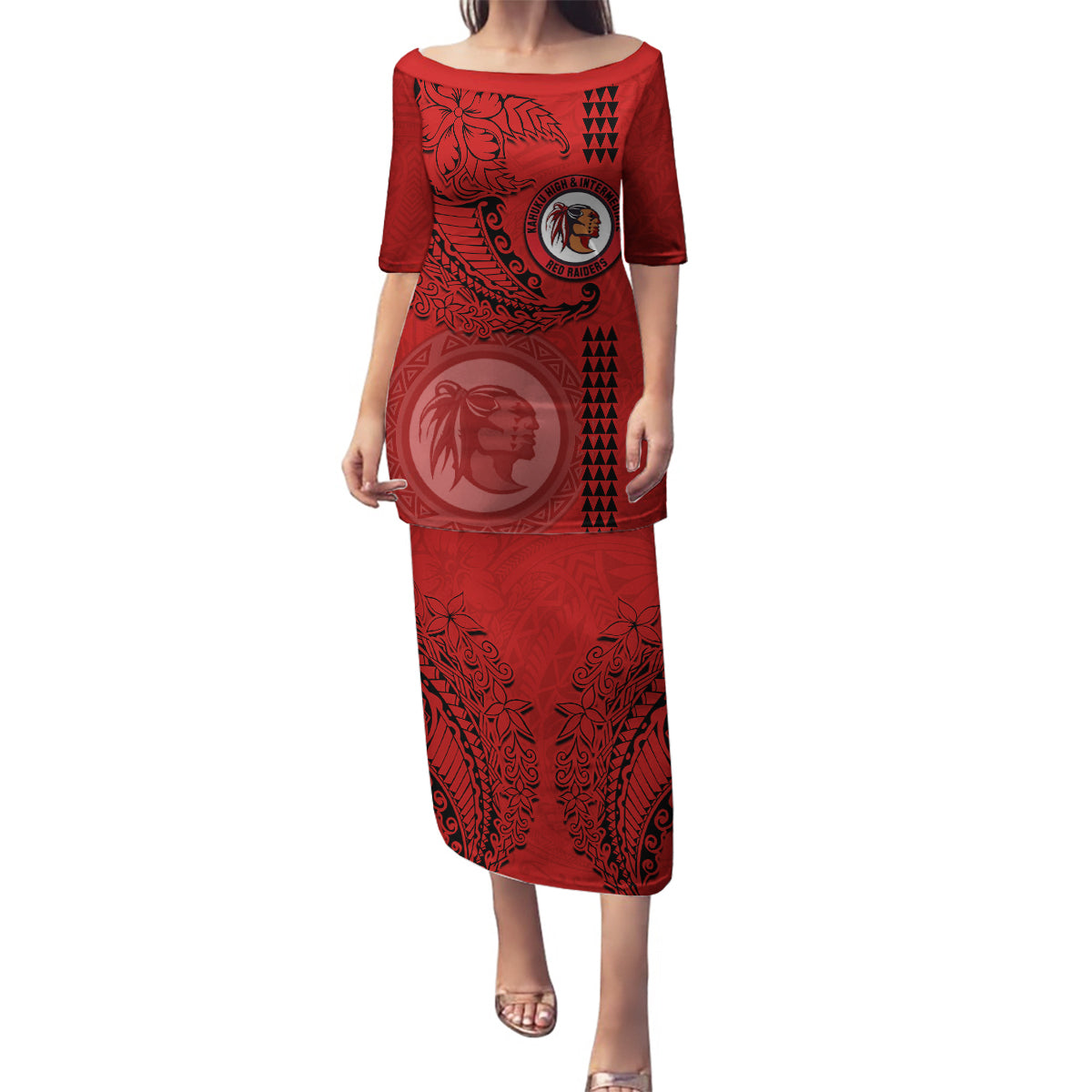 Hawaii Kahuku High & Intermediate School Family Matching Puletasi Dress and Hawaiian Shirt Tribal Kakau Pattern LT03 Mom's Dress Red - Polynesian Pride