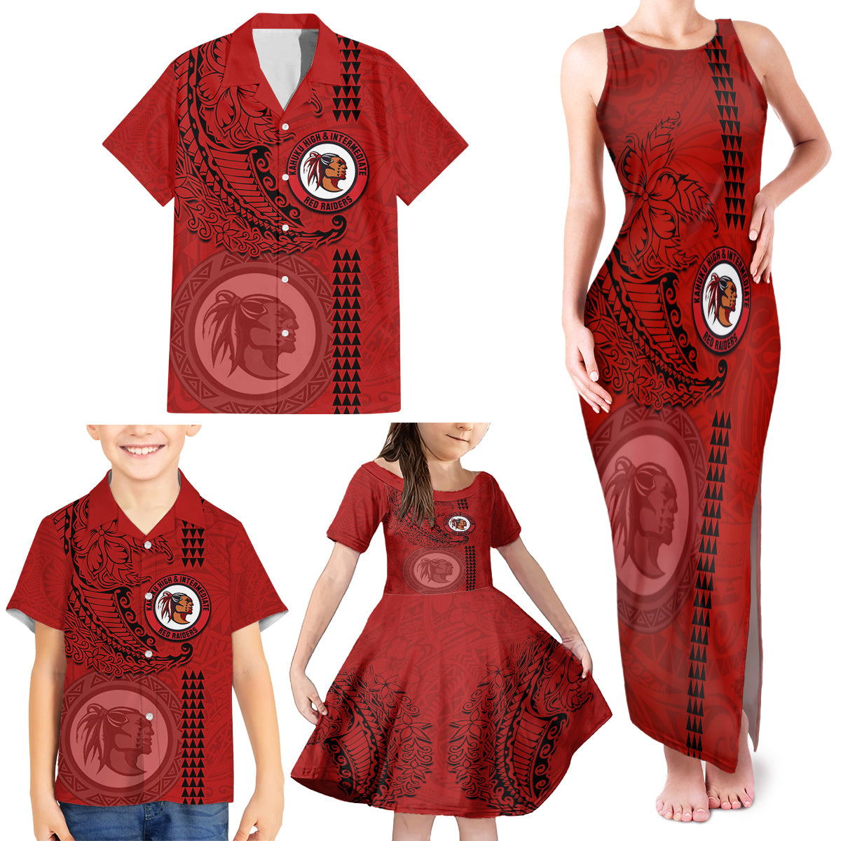 Hawaii Kahuku High & Intermediate School Family Matching Tank Maxi Dress and Hawaiian Shirt Tribal Kakau Pattern LT03 - Polynesian Pride