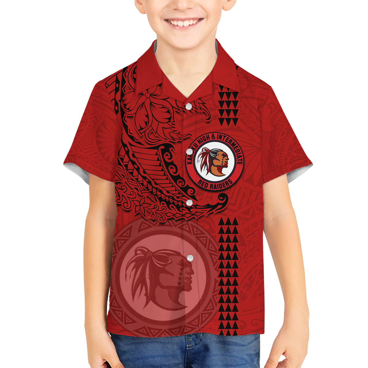 Hawaii Kahuku High & Intermediate School Family Matching Tank Maxi Dress and Hawaiian Shirt Tribal Kakau Pattern LT03 Son's Shirt Red - Polynesian Pride