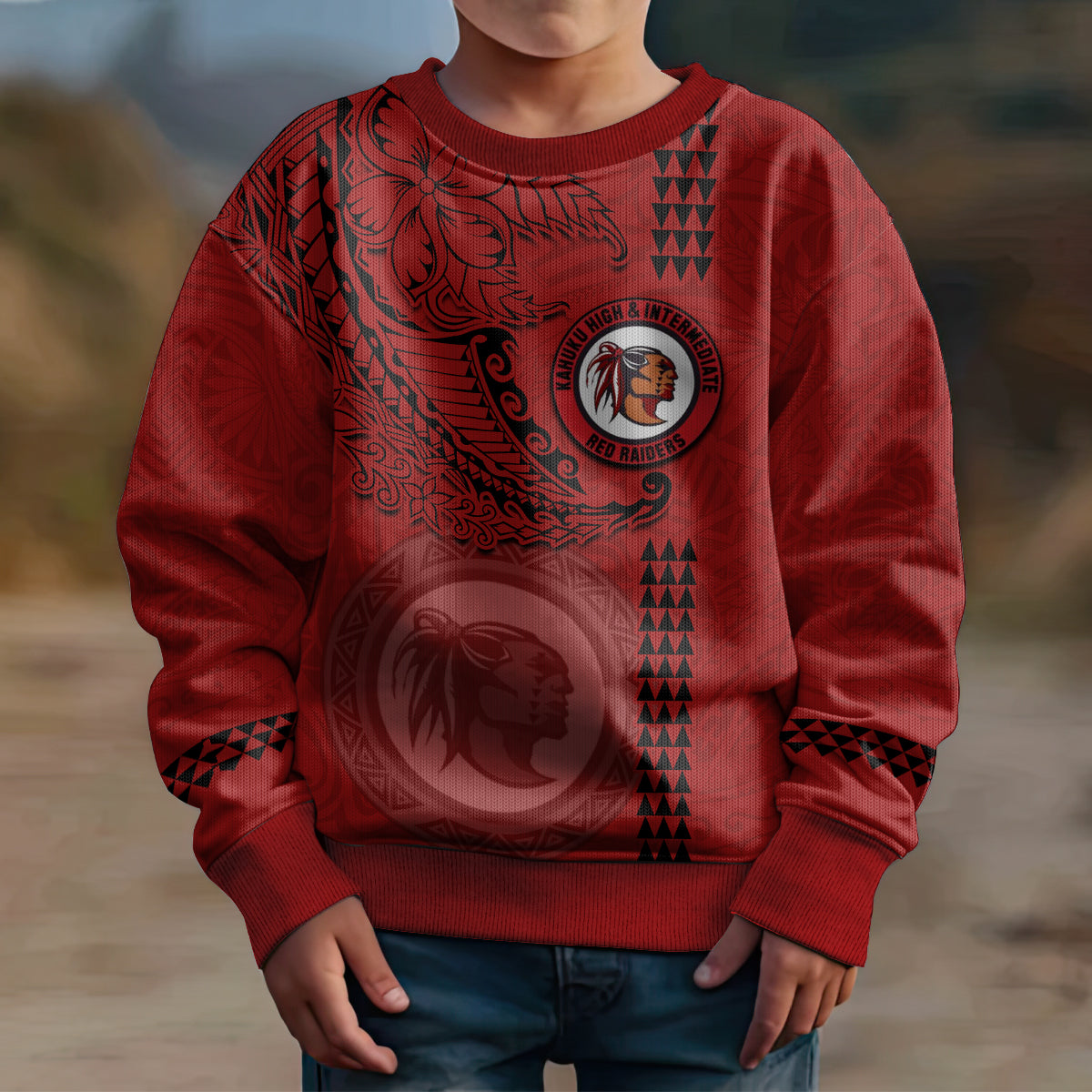 Hawaii Kahuku High & Intermediate School Kid Ugly Christmas Sweater Tribal Kakau Pattern LT03 - Polynesian Pride