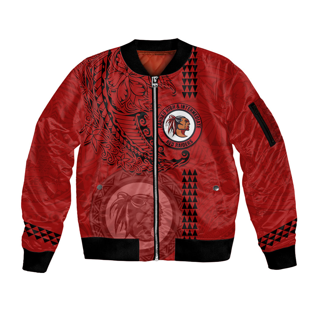 Hawaii Kahuku High & Intermediate School Sleeve Zip Bomber Jacket Tribal Kakau Pattern LT03 Unisex Red - Polynesian Pride