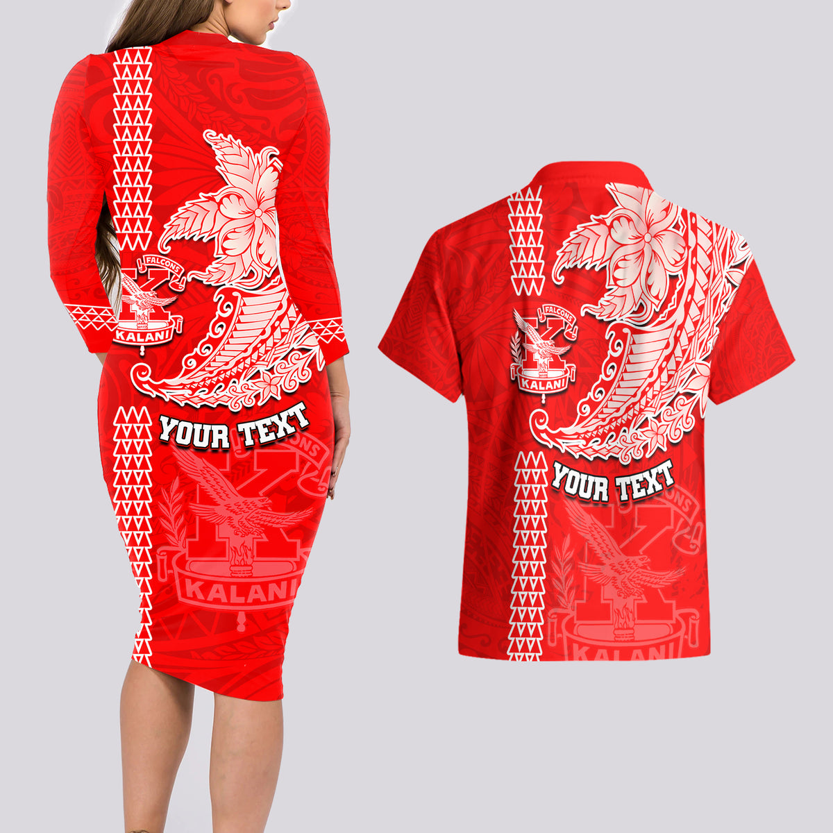 Hawaii Kalani High School Couples Matching Long Sleeve Bodycon Dress and Hawaiian Shirt Tribal Kakau Pattern LT03 - Polynesian Pride