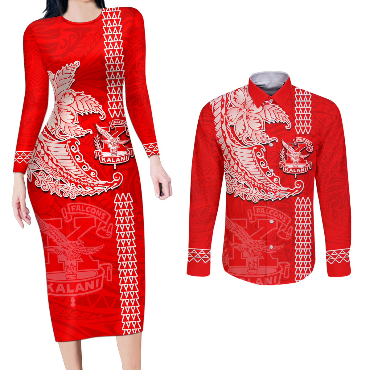Hawaii Kalani High School Couples Matching Long Sleeve Bodycon Dress and Long Sleeve Button Shirt Tribal Kakau Pattern LT03 Red - Polynesian Pride
