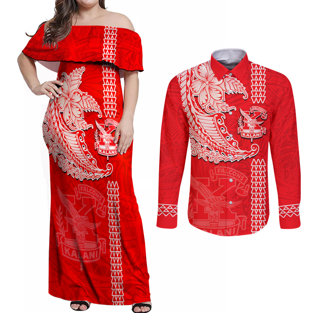 Hawaii Kalani High School Couples Matching Off Shoulder Maxi Dress and Long Sleeve Button Shirt Tribal Kakau Pattern LT03 Red - Polynesian Pride
