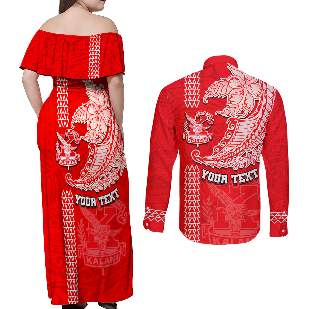 Hawaii Kalani High School Couples Matching Off Shoulder Maxi Dress and Long Sleeve Button Shirt Tribal Kakau Pattern LT03 - Polynesian Pride