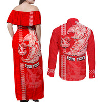 Hawaii Kalani High School Couples Matching Off Shoulder Maxi Dress and Long Sleeve Button Shirt Tribal Kakau Pattern LT03 - Polynesian Pride