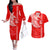 Hawaii Kalani High School Couples Matching Off The Shoulder Long Sleeve Dress and Hawaiian Shirt Tribal Kakau Pattern LT03 Red - Polynesian Pride