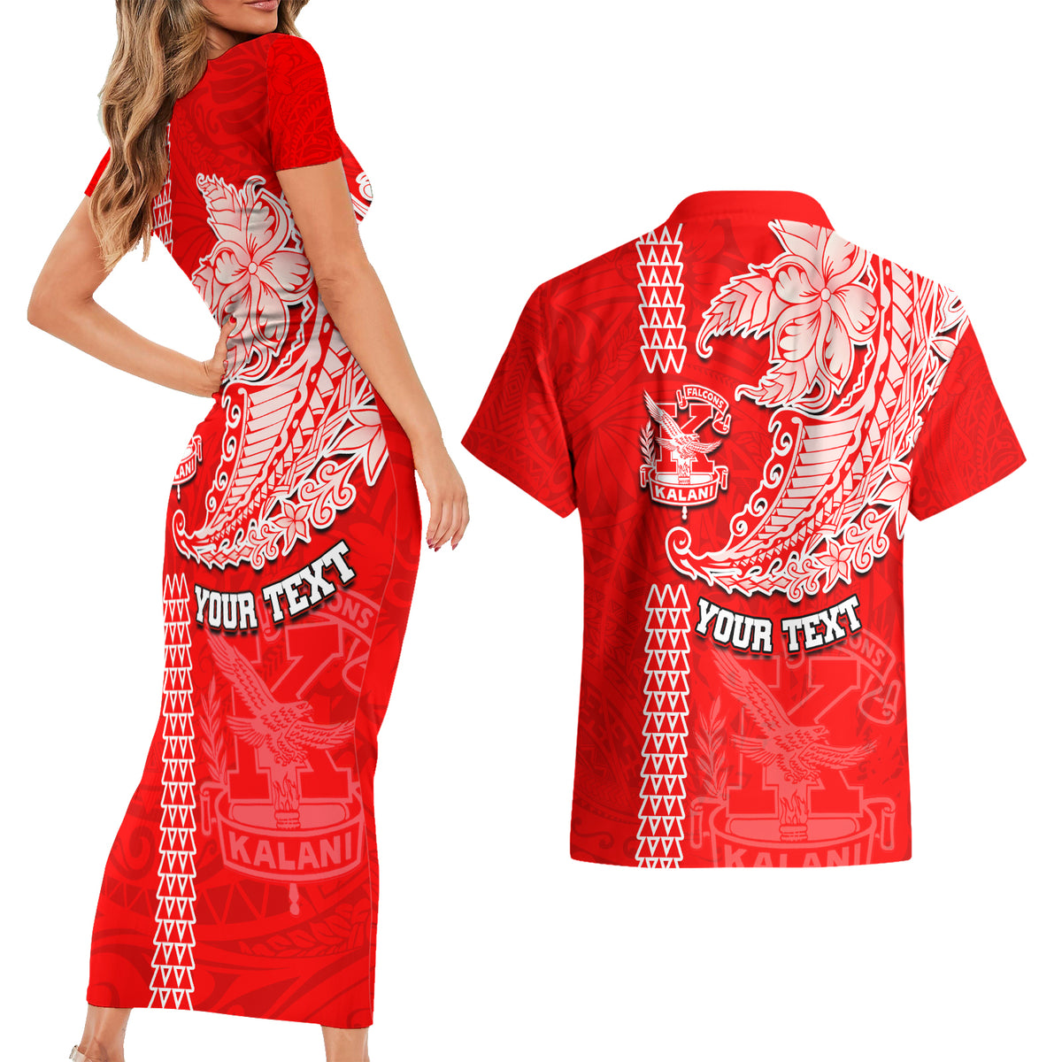 Hawaii Kalani High School Couples Matching Short Sleeve Bodycon Dress and Hawaiian Shirt Tribal Kakau Pattern LT03 - Polynesian Pride