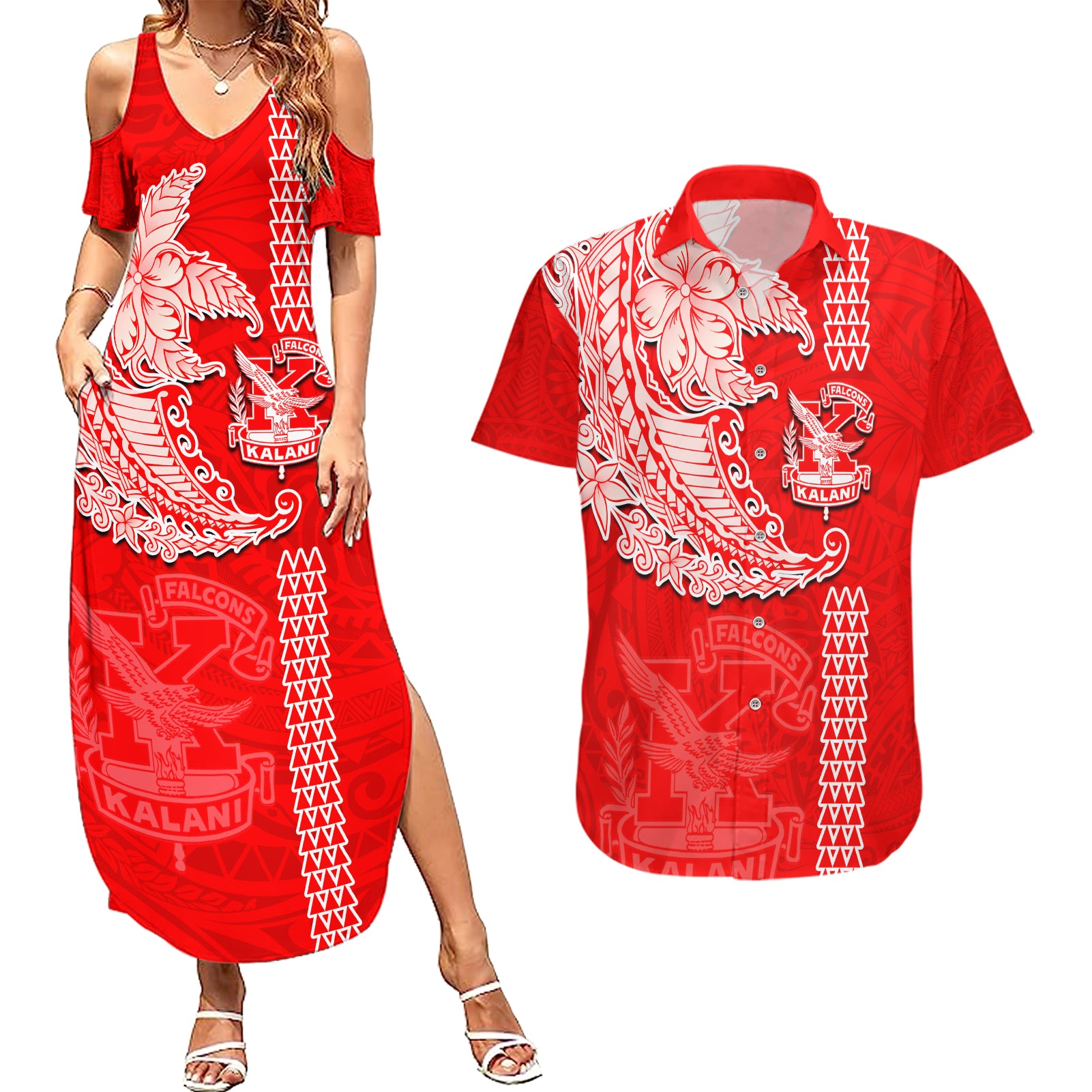 Hawaii Kalani High School Couples Matching Summer Maxi Dress and Hawaiian Shirt Tribal Kakau Pattern LT03 Red - Polynesian Pride