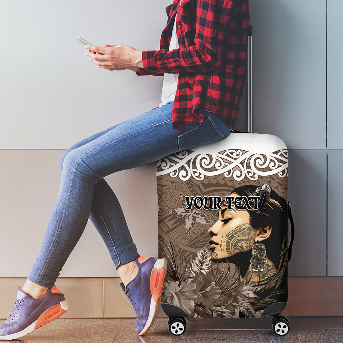 Custom New Zealand Womens Day Luggage Cover Traditional Maori Woman Polynesian Pattern Brown Color LT03 - Polynesian Pride