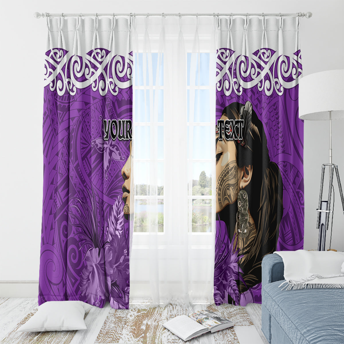 Custom New Zealand Womens Day Window Curtain Traditional Maori Woman Polynesian Pattern Purple Color LT03 - Polynesian Pride