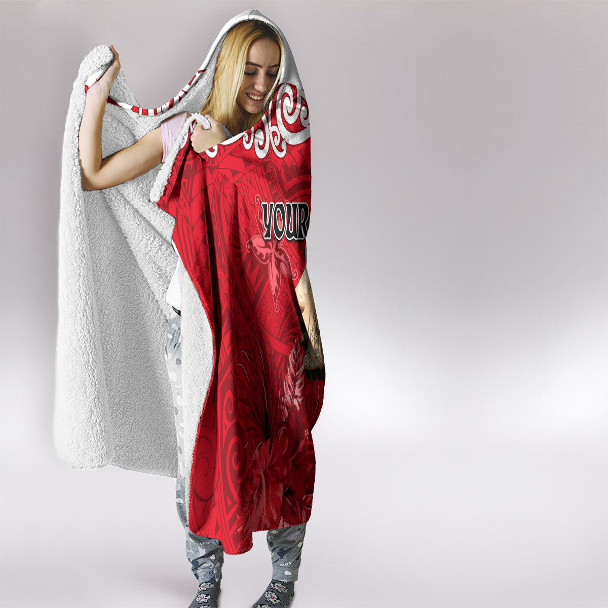 Custom New Zealand Womens Day Hooded Blanket Traditional Maori Woman Polynesian Pattern Red Color LT03 - Polynesian Pride