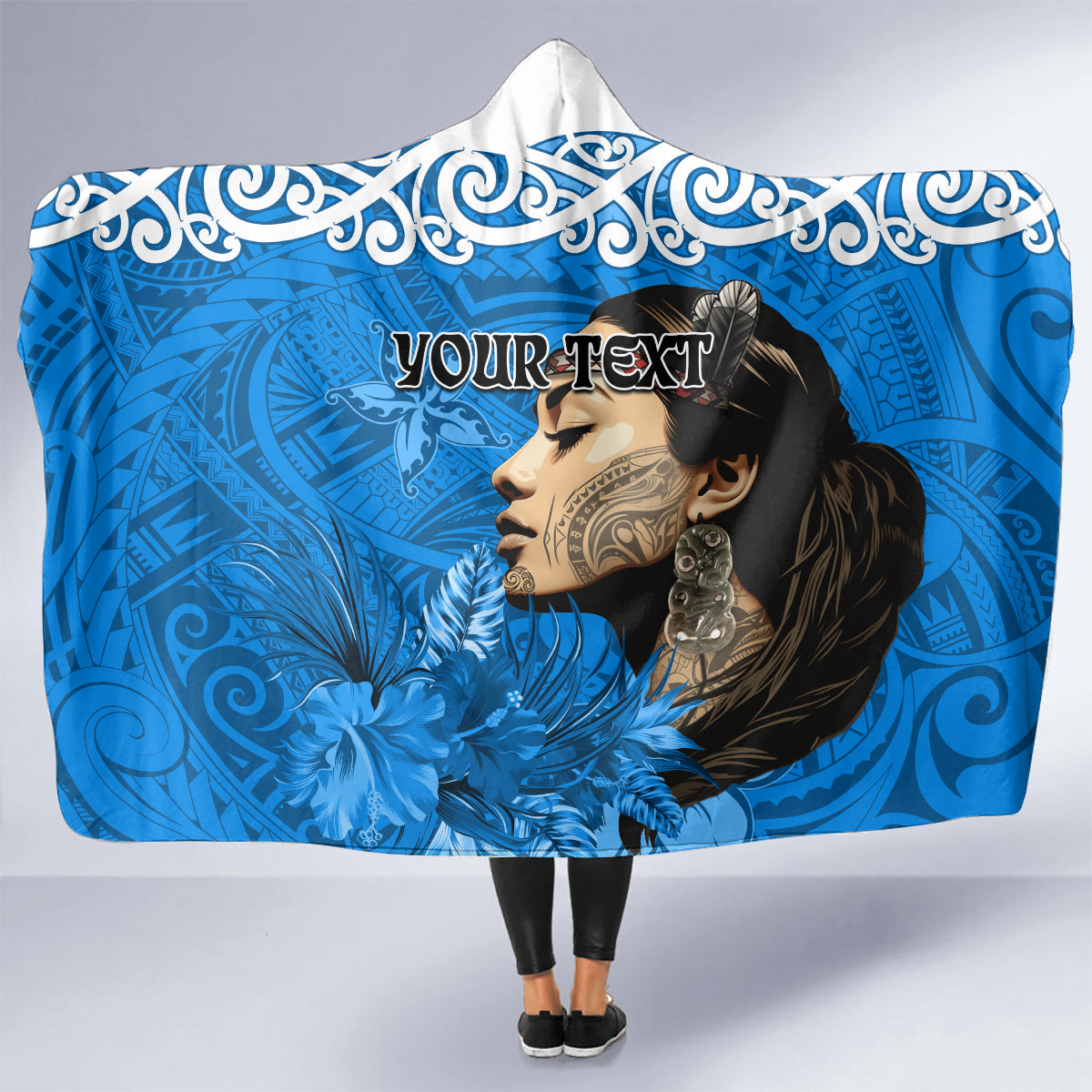 Custom New Zealand Womens Day Hooded Blanket Traditional Maori Woman Polynesian Pattern Blue Color LT03 - Polynesian Pride