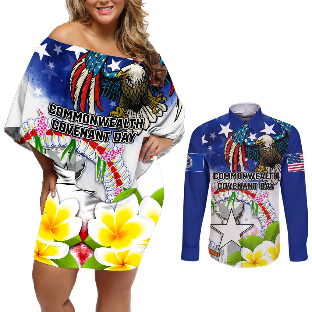 Custom Northern Mariana Islands Commonwealth Covenant Day Couples Matching Off Shoulder Short Dress and Long Sleeve Button Shirt Plumeria Flower Splash Style LT03 Blue - Polynesian Pride