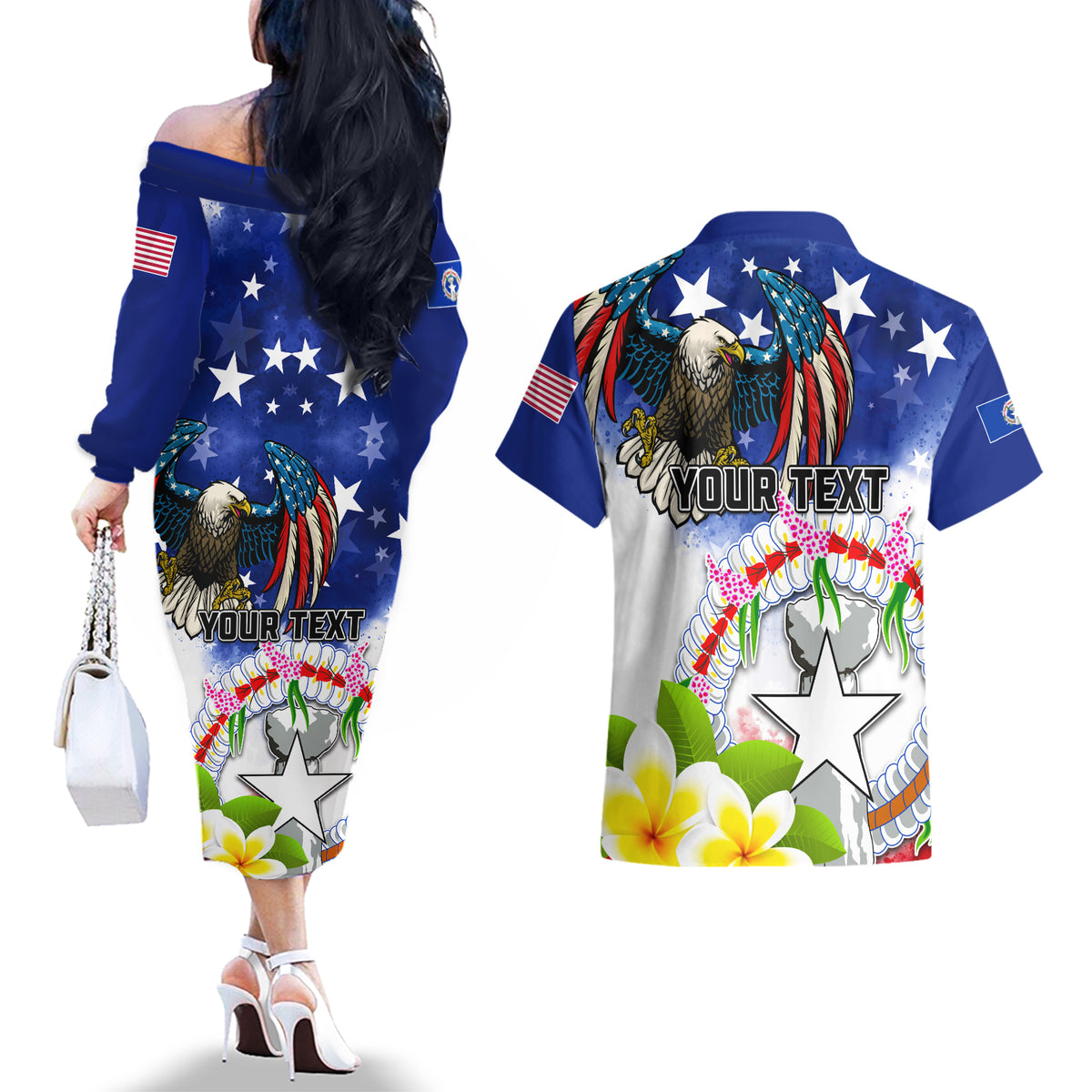 Custom Northern Mariana Islands Commonwealth Covenant Day Couples Matching Off The Shoulder Long Sleeve Dress and Hawaiian Shirt Plumeria Flower Splash Style LT03 - Polynesian Pride