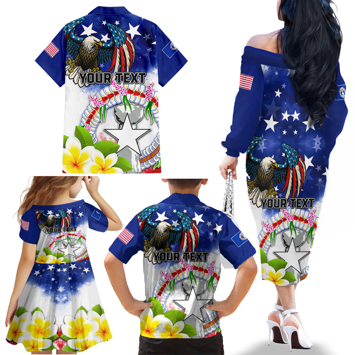 Custom Northern Mariana Islands Commonwealth Covenant Day Family Matching Off Shoulder Long Sleeve Dress and Hawaiian Shirt Plumeria Flower Splash Style LT03 - Polynesian Pride