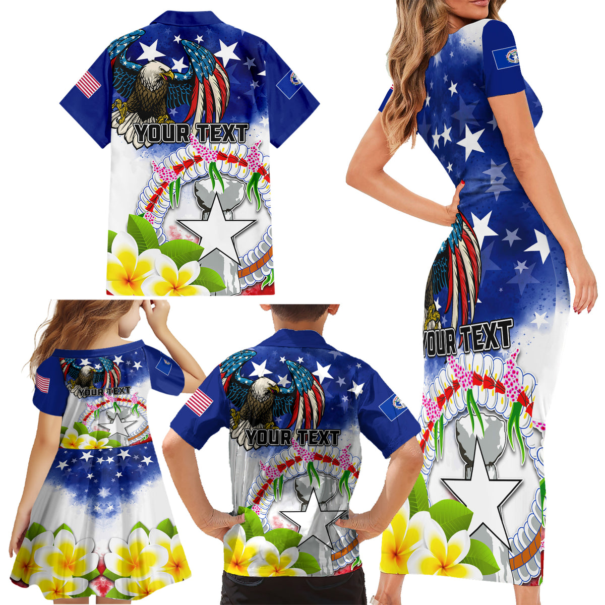 Custom Northern Mariana Islands Commonwealth Covenant Day Family Matching Short Sleeve Bodycon Dress and Hawaiian Shirt Plumeria Flower Splash Style LT03 - Polynesian Pride
