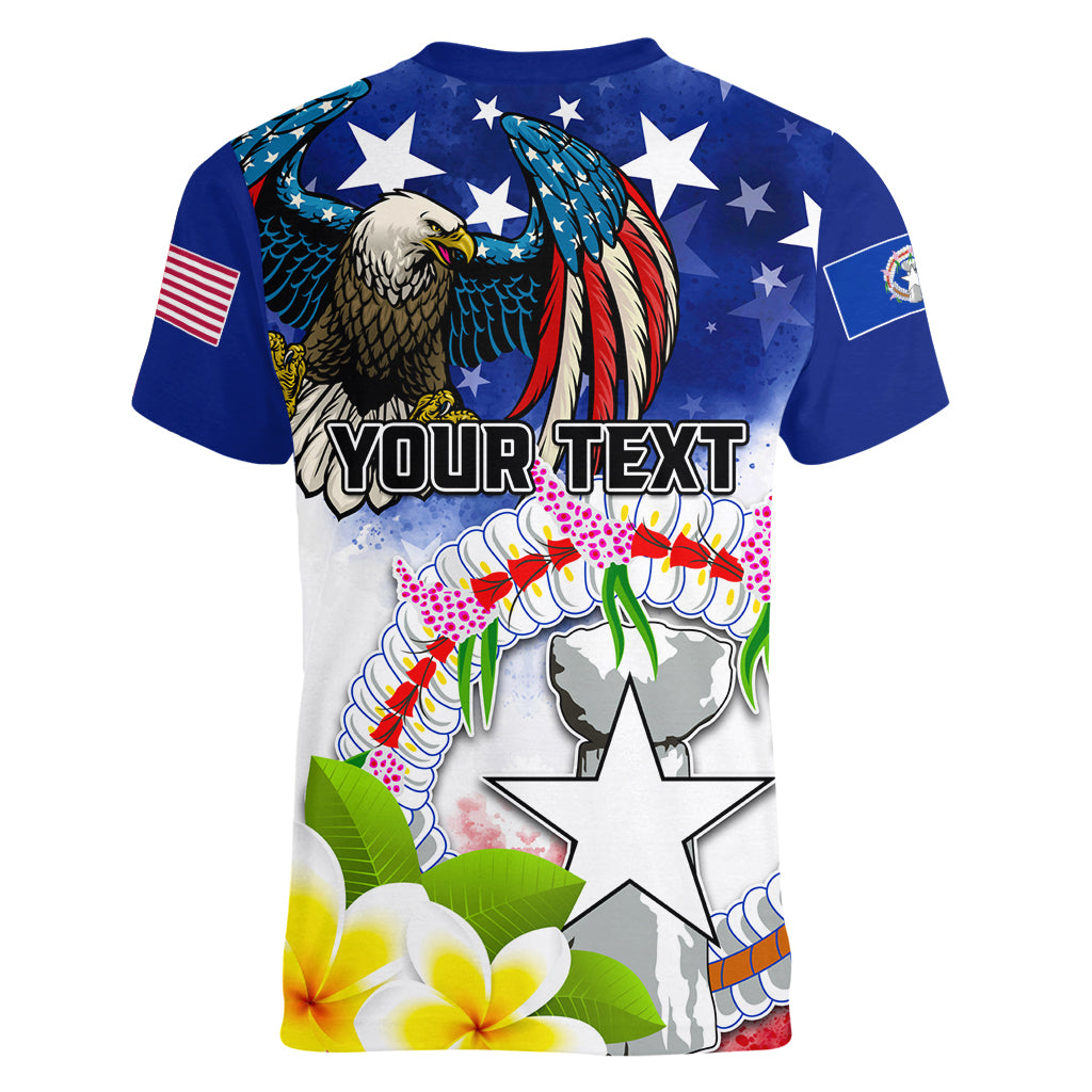 Custom Northern Mariana Islands Commonwealth Covenant Day Women V Neck T Shirt Plumeria Flower Splash Style LT03 - Polynesian Pride