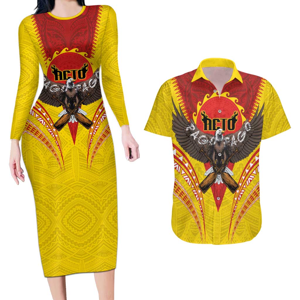 American Samoa Fautasi Race Couples Matching Long Sleeve Bodycon Dress and Hawaiian Shirt Pago Pago-Aeto Samoan Tattoo and Eagle