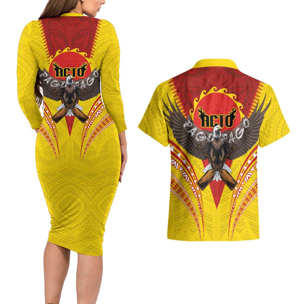 American Samoa Fautasi Race Couples Matching Long Sleeve Bodycon Dress and Hawaiian Shirt Pago Pago-Aeto Samoan Tattoo and Eagle