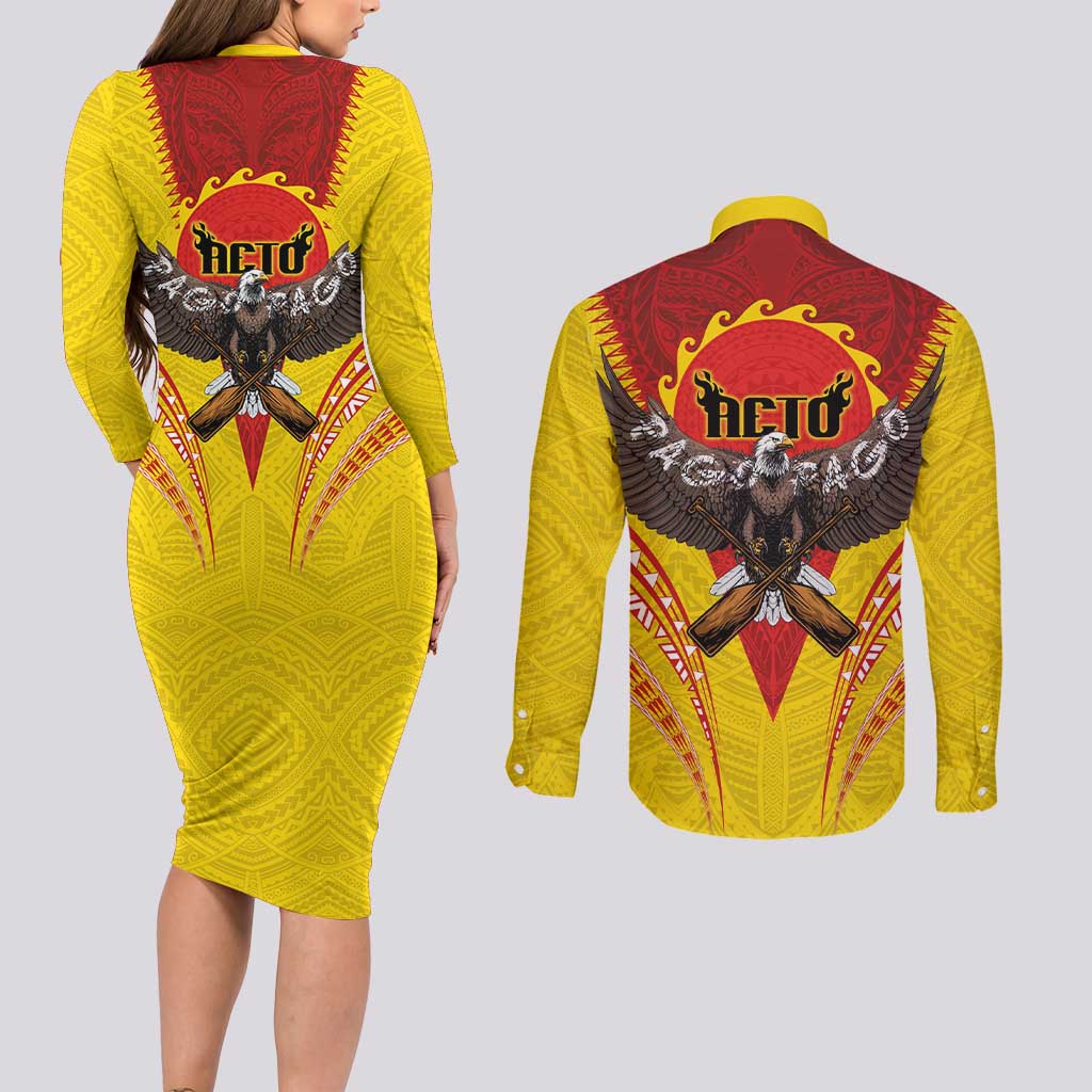 American Samoa Fautasi Race Couples Matching Long Sleeve Bodycon Dress and Long Sleeve Button Shirt Pago Pago-Aeto Samoan Tattoo and Eagle