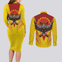 American Samoa Fautasi Race Couples Matching Long Sleeve Bodycon Dress and Long Sleeve Button Shirt Pago Pago-Aeto Samoan Tattoo and Eagle