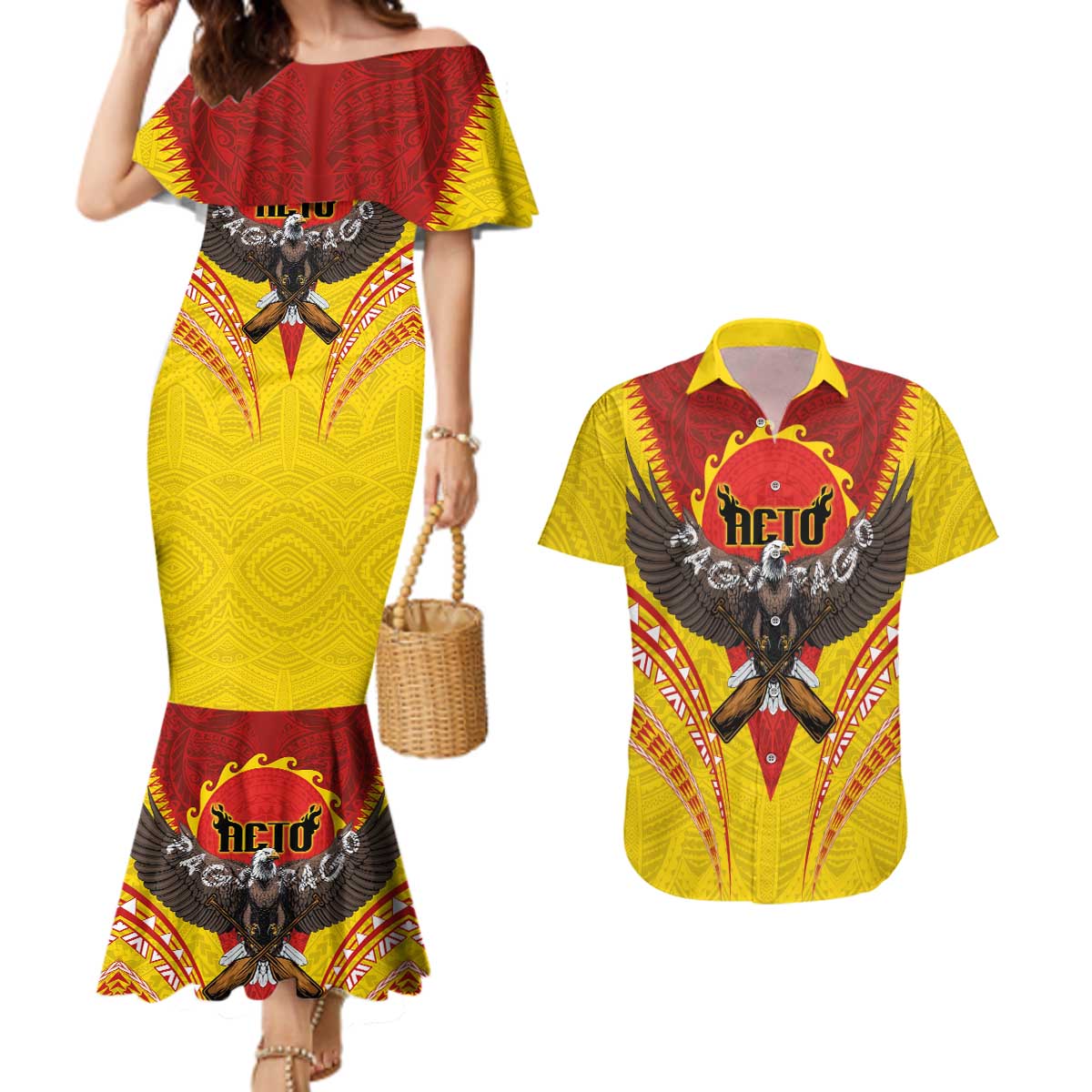 American Samoa Fautasi Race Couples Matching Mermaid Dress and Hawaiian Shirt Pago Pago-Aeto Samoan Tattoo and Eagle