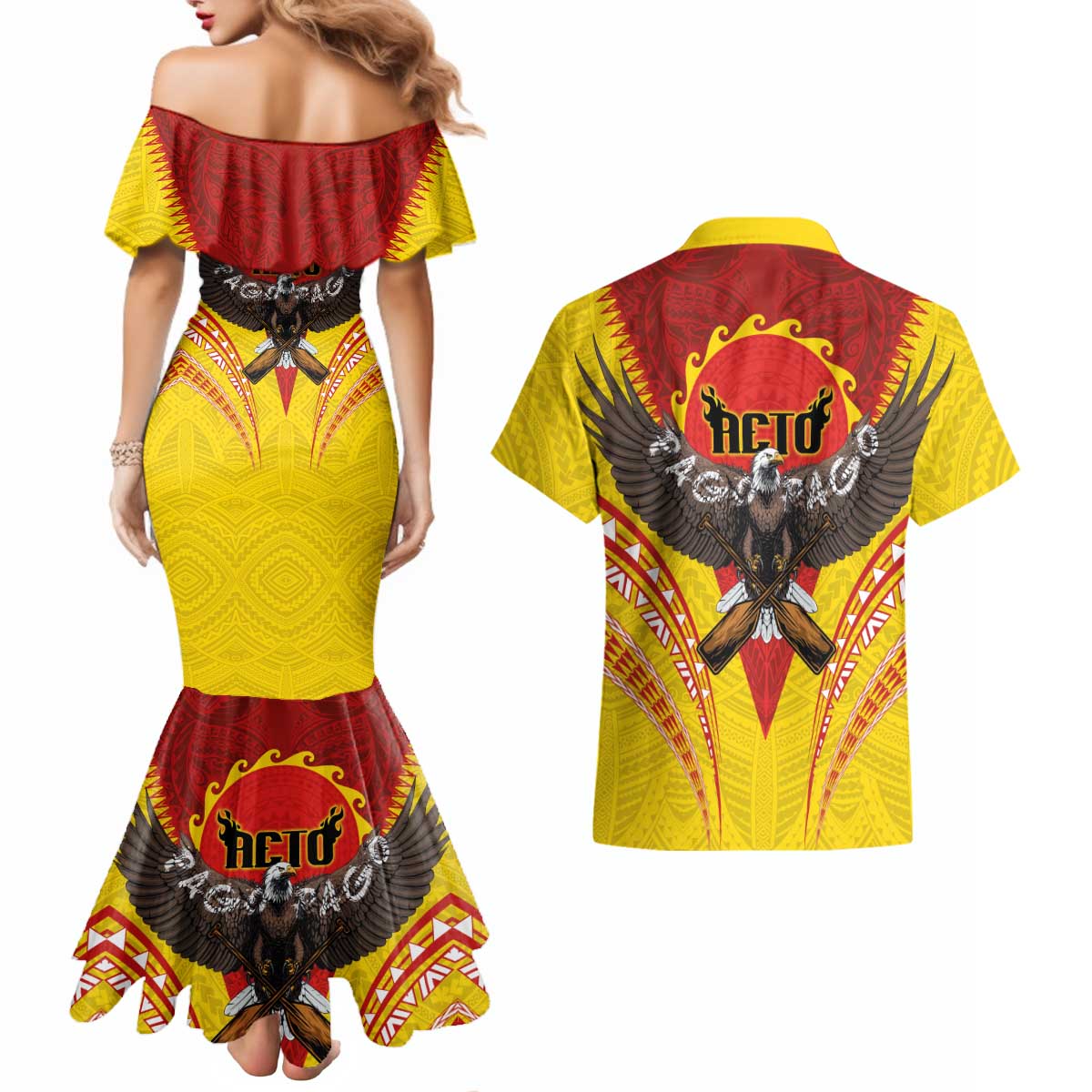 American Samoa Fautasi Race Couples Matching Mermaid Dress and Hawaiian Shirt Pago Pago-Aeto Samoan Tattoo and Eagle