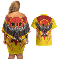 American Samoa Fautasi Race Couples Matching Off Shoulder Short Dress and Hawaiian Shirt Pago Pago-Aeto Samoan Tattoo and Eagle