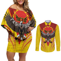 American Samoa Fautasi Race Couples Matching Off Shoulder Short Dress and Long Sleeve Button Shirt Pago Pago-Aeto Samoan Tattoo and Eagle LT03 Yellow - Polynesian Pride