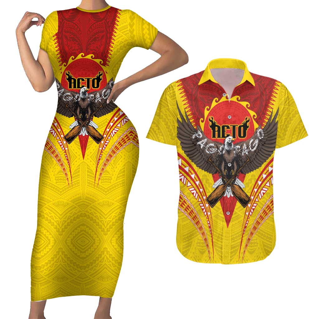 American Samoa Fautasi Race Couples Matching Short Sleeve Bodycon Dress and Hawaiian Shirt Pago Pago-Aeto Samoan Tattoo and Eagle